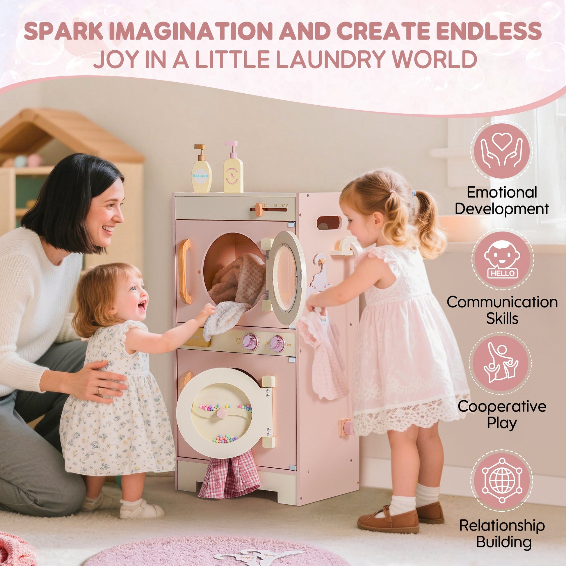 Wooden Pink Washing Machine with Dryer