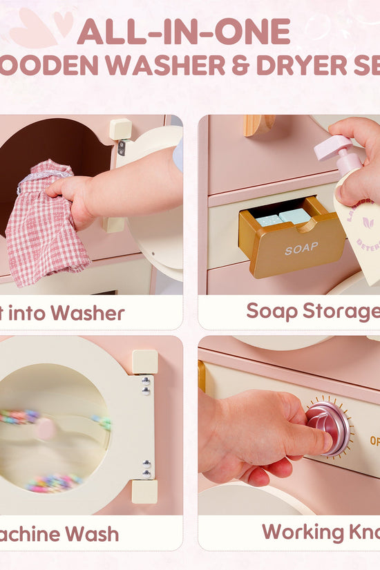 Wooden Pink Washing Machine with Dryer
