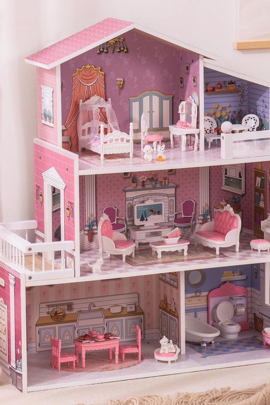 Wooden Dollhouse for Kids with 24pcs Furniture Preschool