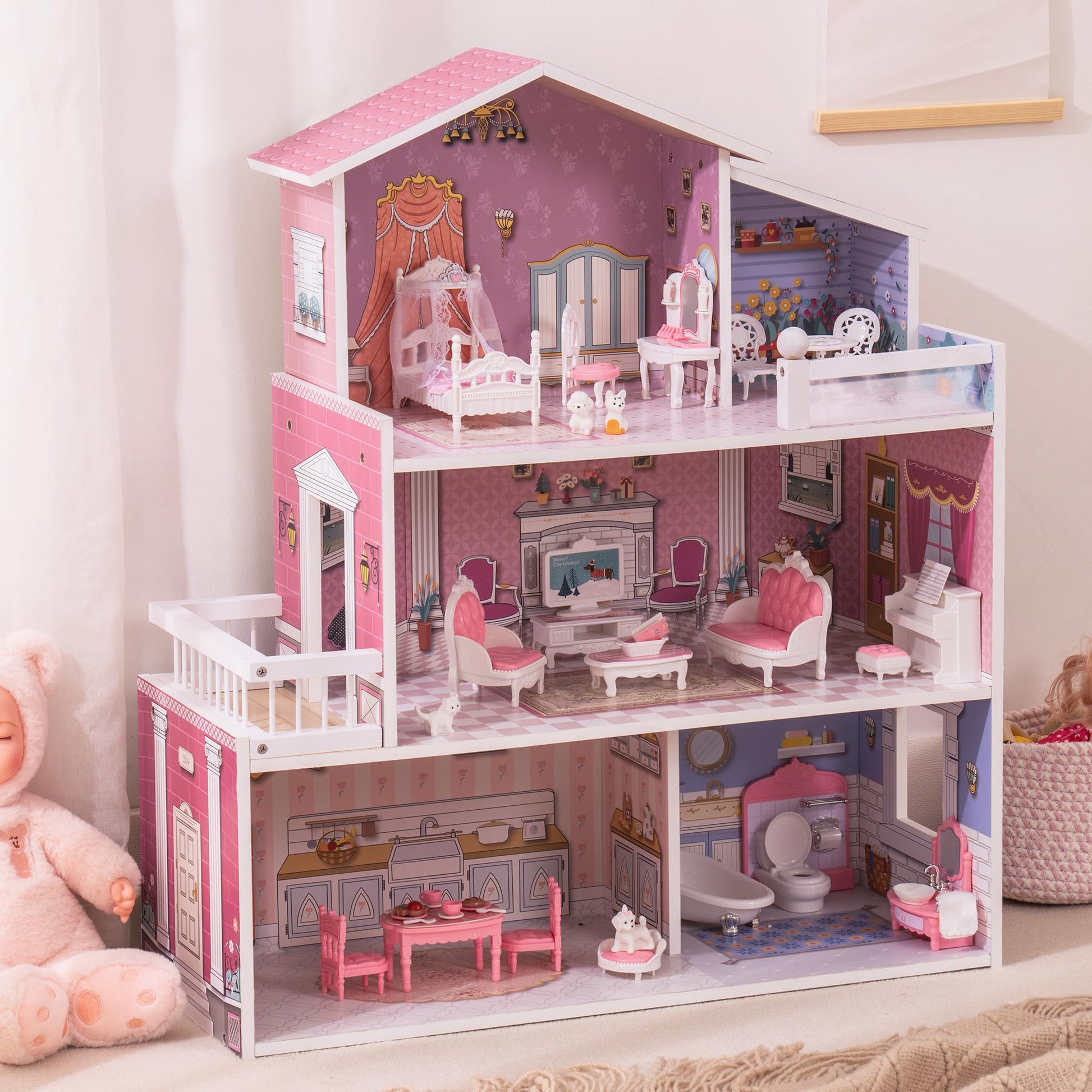 Wooden Dollhouse for Kids with 24pcs Furniture Preschool