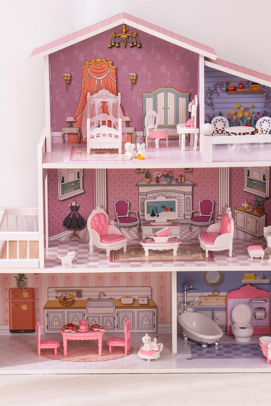 Wooden Dollhouse for Kids with 24pcs Furniture Preschool
