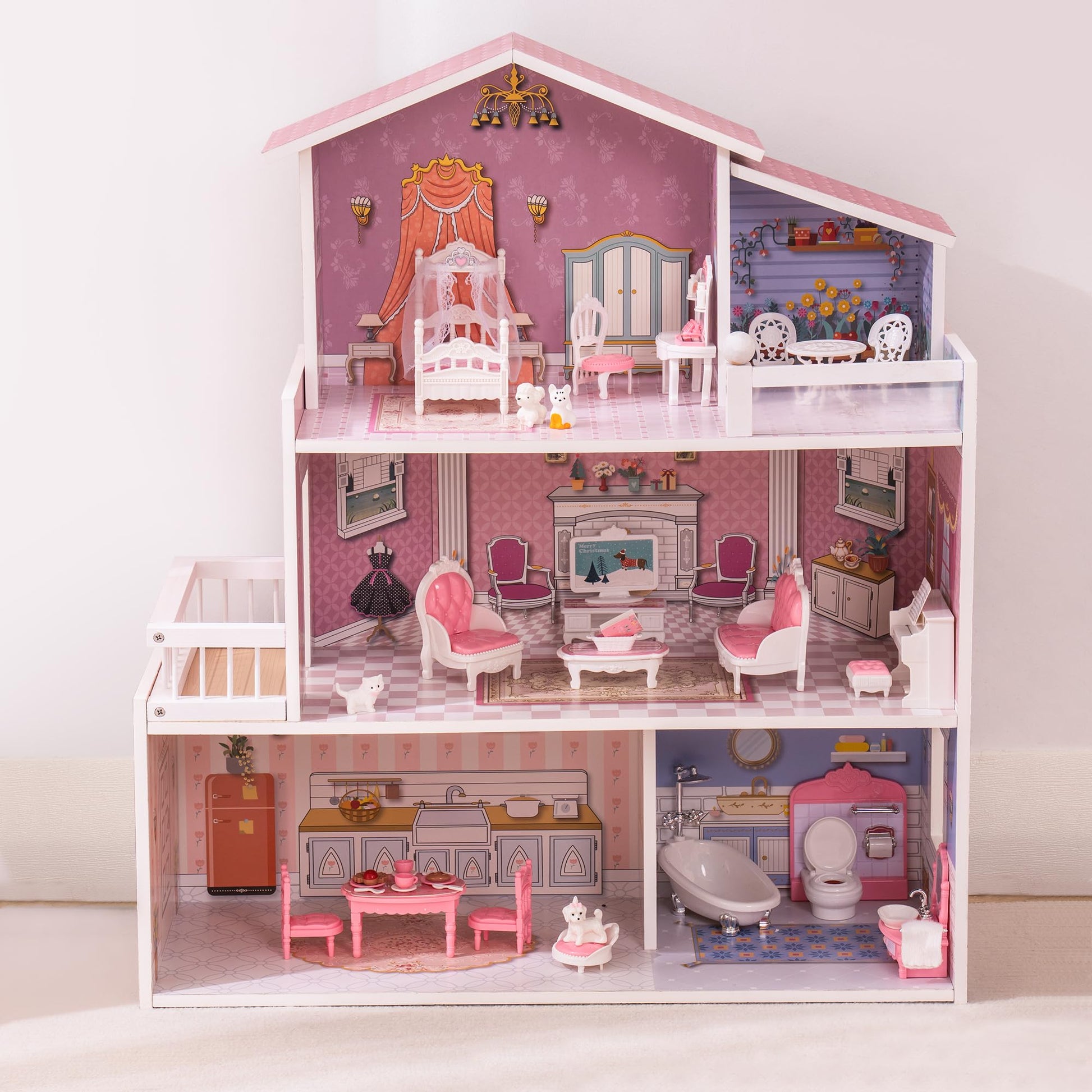 Wooden Dollhouse for Kids with 24pcs Furniture Preschool