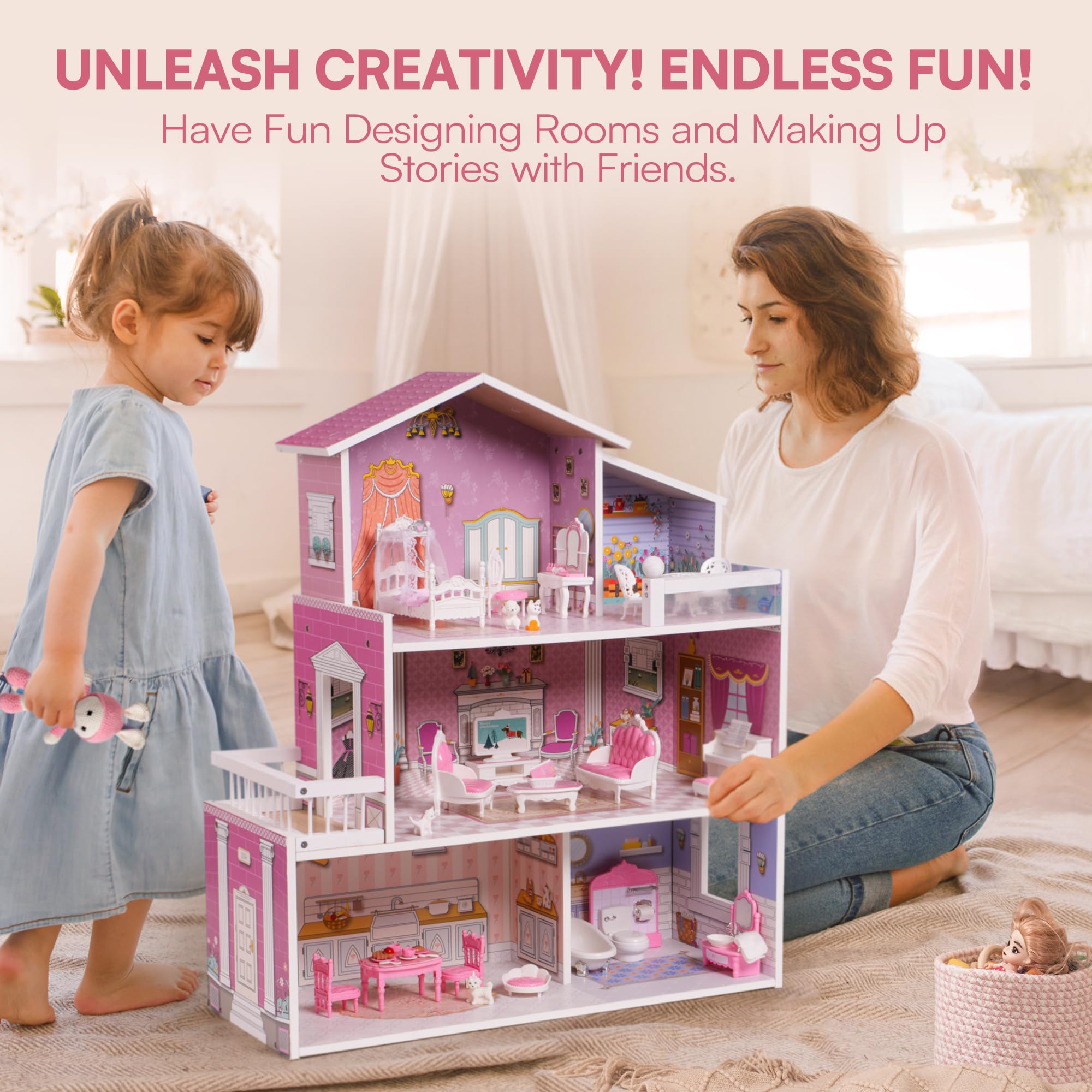 Wooden Dollhouse for Kids with 24pcs Furniture Preschool