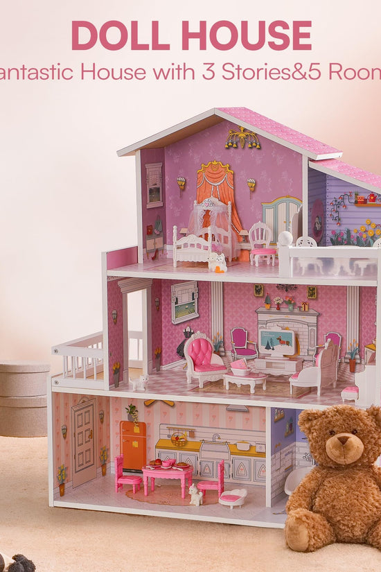 Wooden Dollhouse for Kids with 24pcs Furniture Preschool