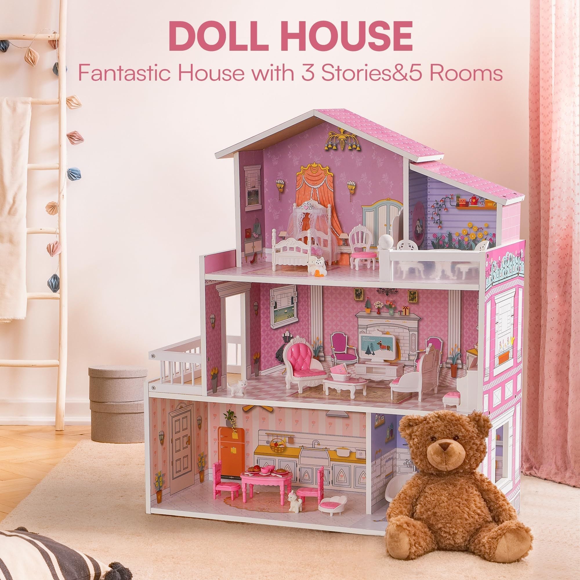 Wooden Dollhouse for Kids with 24pcs Furniture Preschool