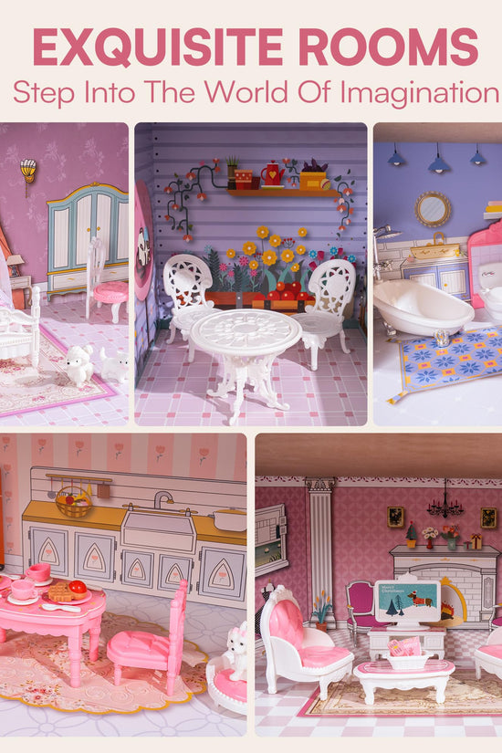 Wooden Dollhouse for Kids with 24pcs Furniture Preschool