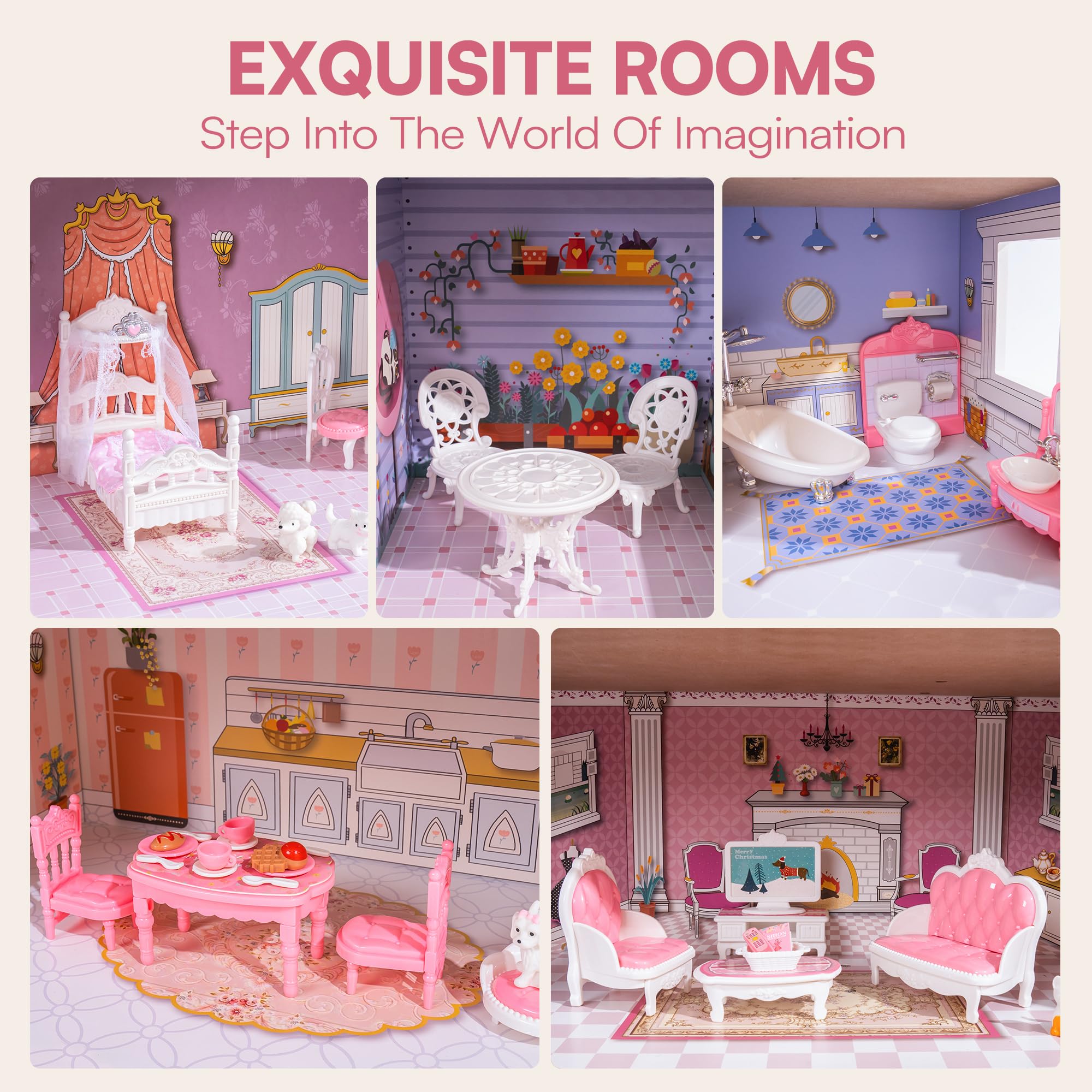 Wooden Dollhouse for Kids with 24pcs Furniture Preschool