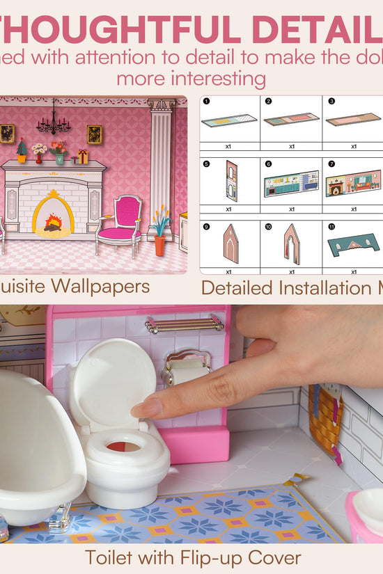 Wooden Dollhouse for Kids with 24pcs Furniture Preschool