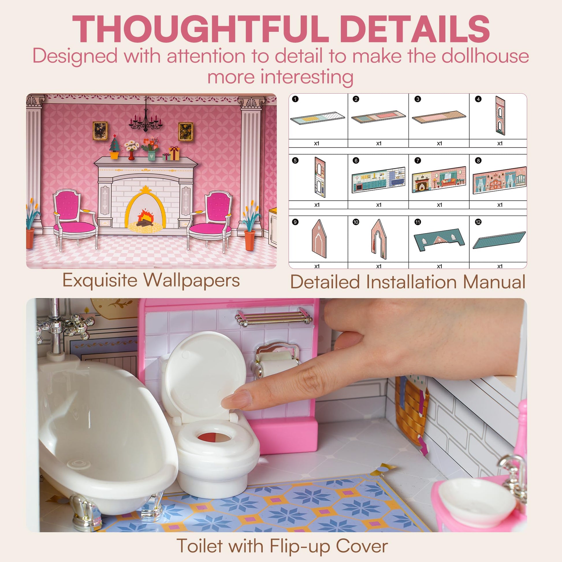 Wooden Dollhouse for Kids with 24pcs Furniture Preschool
