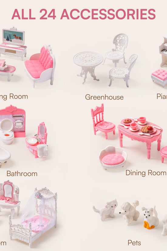 Wooden Dollhouse for Kids with 24pcs Furniture Preschool