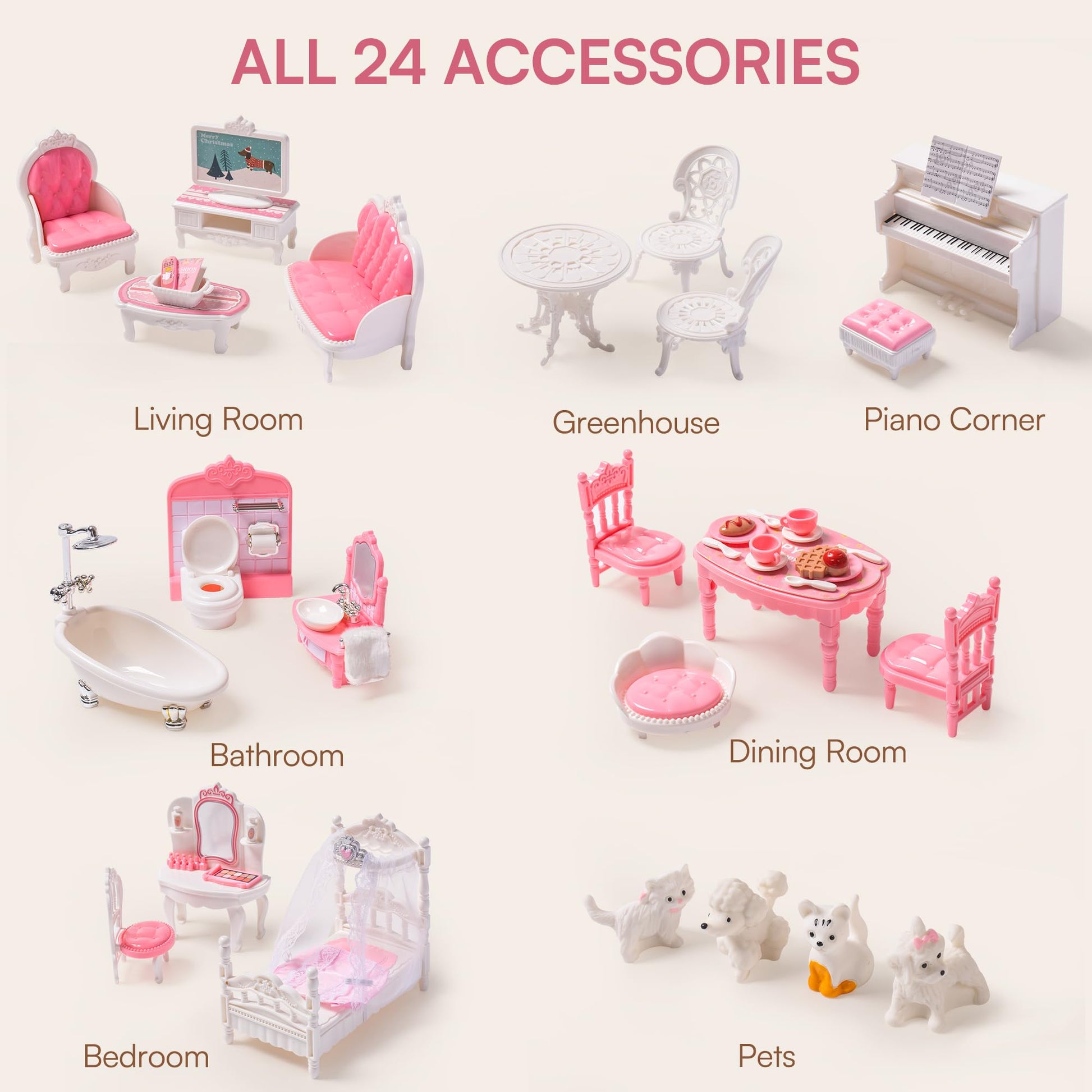 Wooden Dollhouse for Kids with 24pcs Furniture Preschool