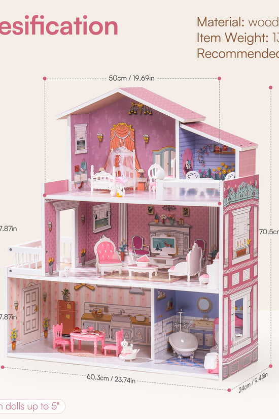 Wooden Dollhouse for Kids with 24pcs Furniture Preschool