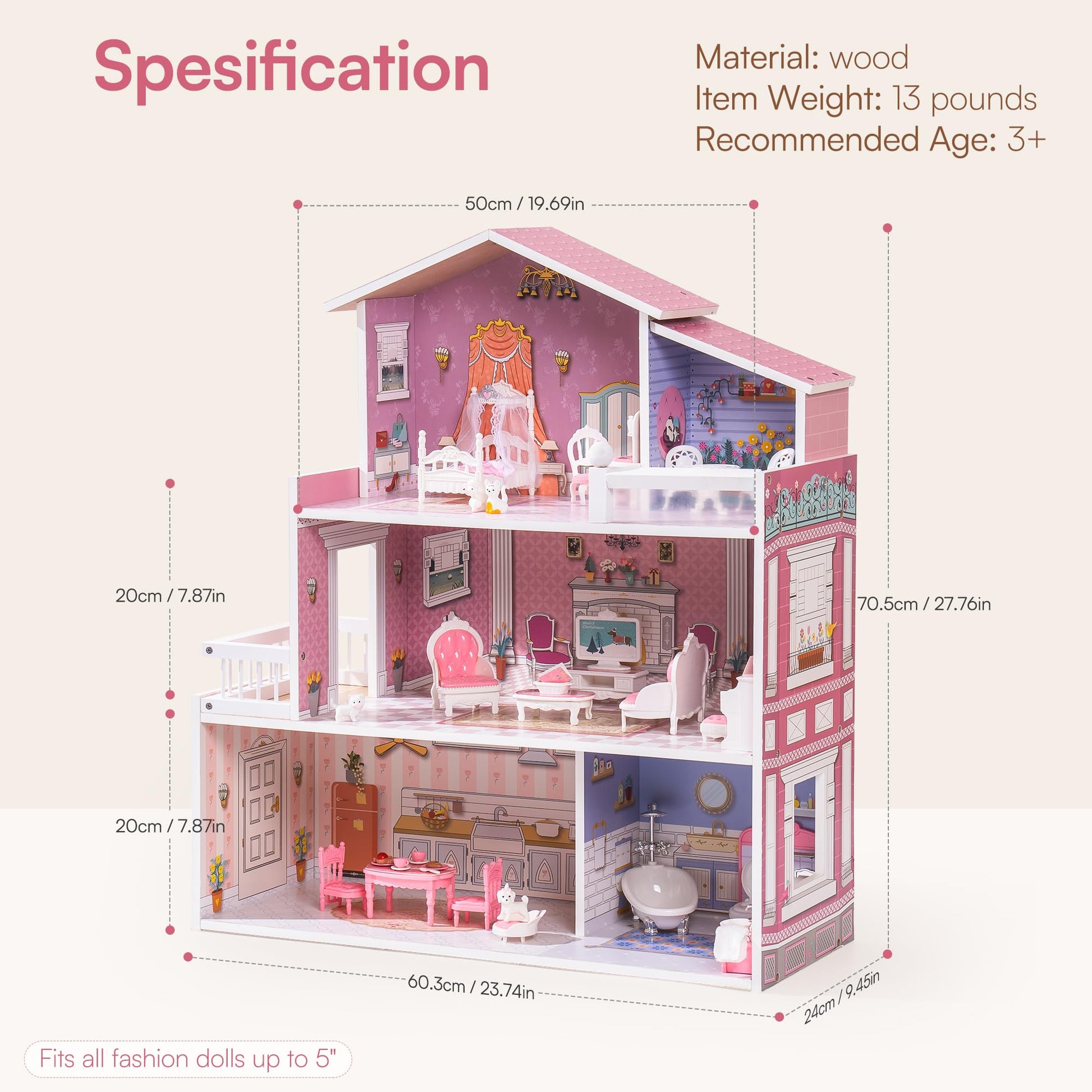 Wooden Dollhouse for Kids with 24pcs Furniture Preschool