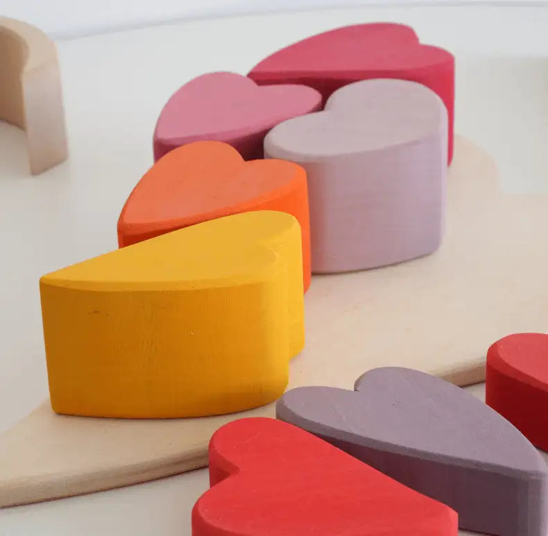 Montessori Dyed Linden Wood Macaron Heart Blocks
