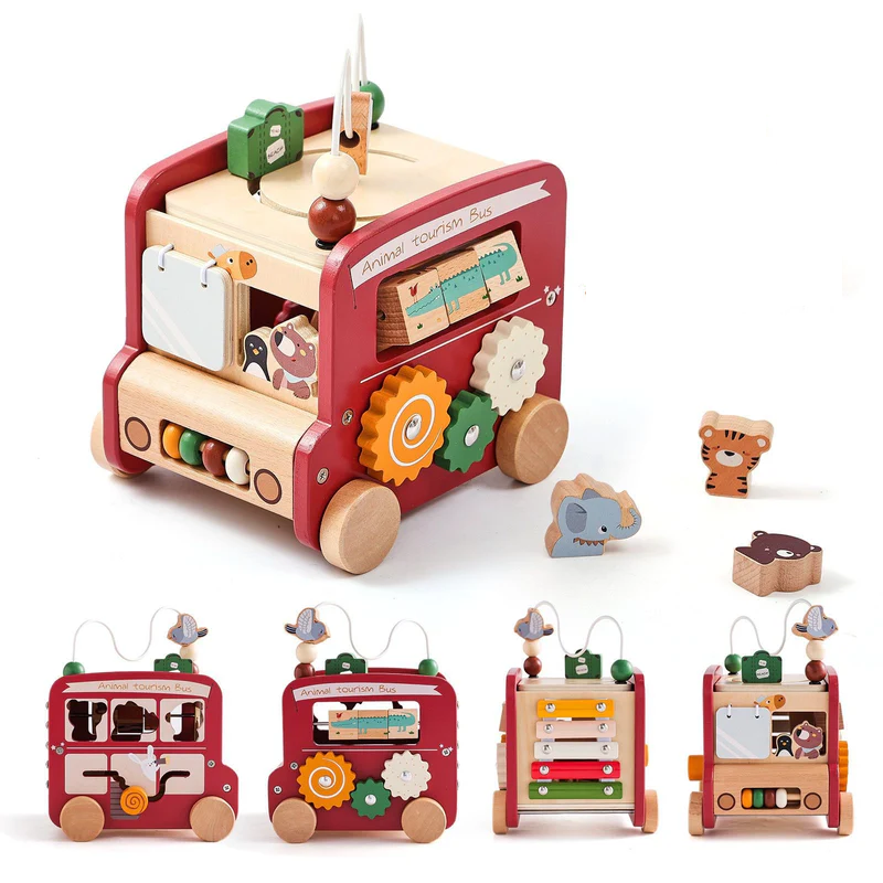 Montessori 5-in-1 Wooden Activity Bus Toy