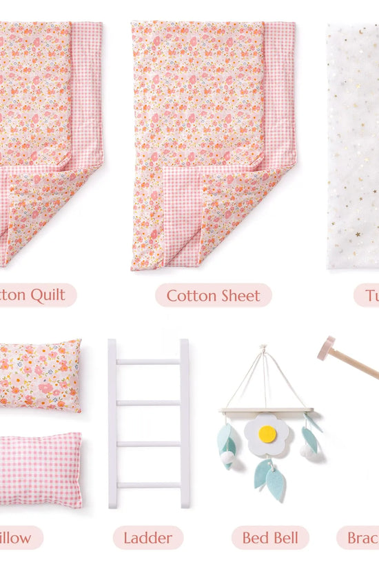 Wooden Baby Doll Crib – Pink with Bedding