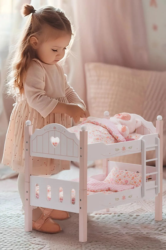 Wooden Baby Doll Crib – Pink with Bedding