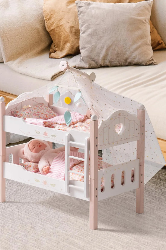 Wooden Baby Doll Crib – Pink with Bedding