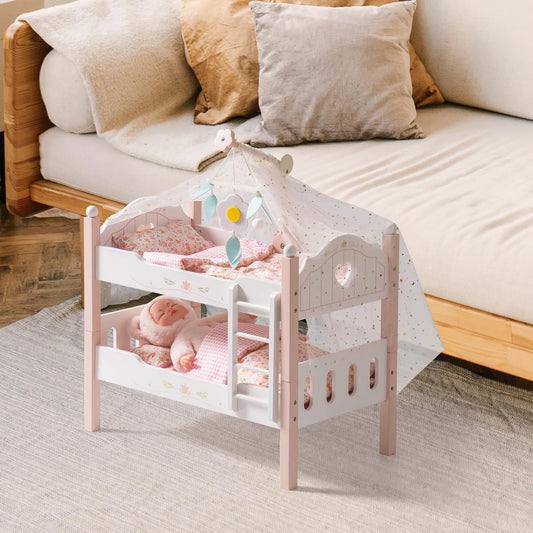 Wooden Baby Doll Crib – Pink with Bedding