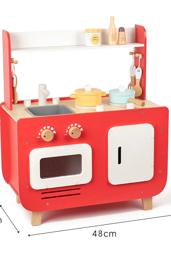 Red Wooden Double-Sided Play Kitchen Set
