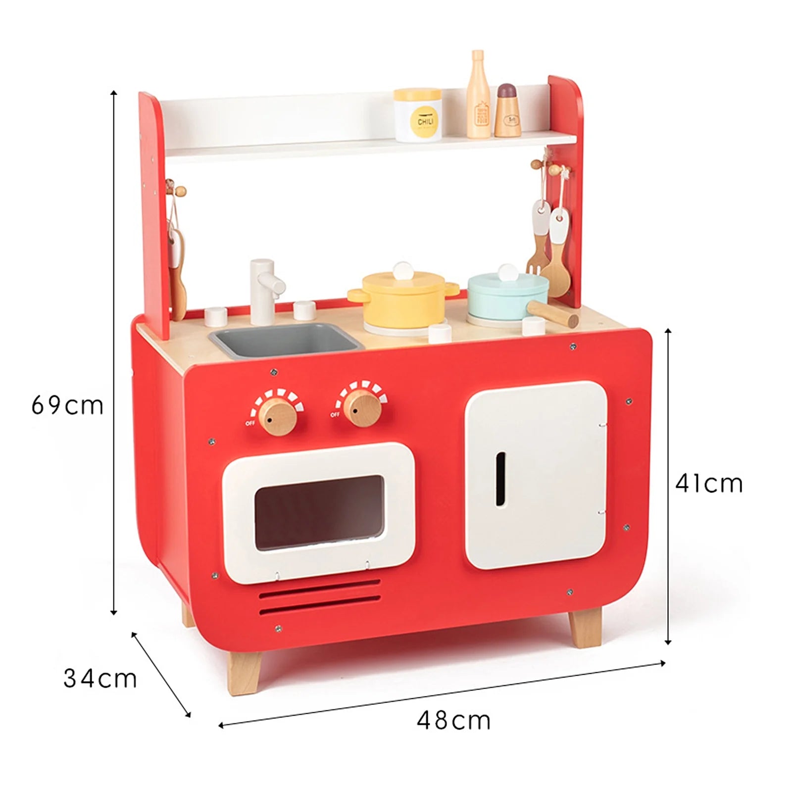 Red Wooden Double-Sided Play Kitchen Set
