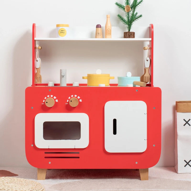Red Wooden Double-Sided Play Kitchen Set