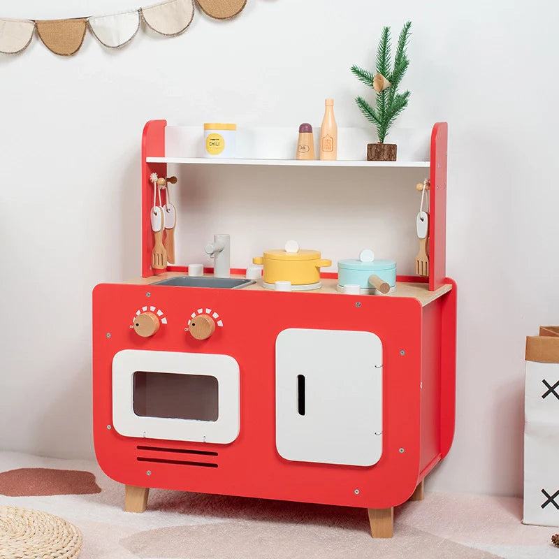 Red Wooden Double-Sided Play Kitchen Set