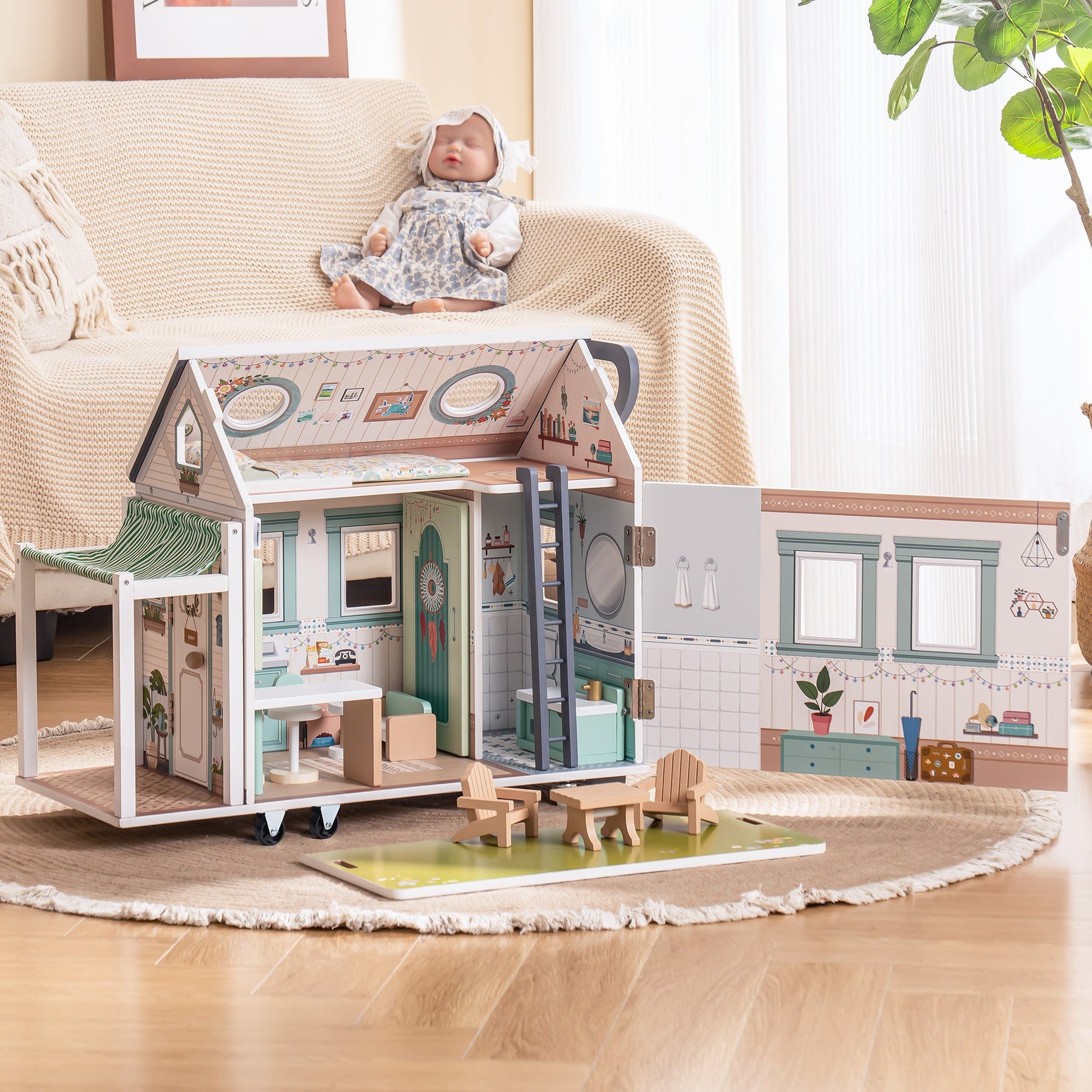 Lunamoa Wooden Realistic Camper Van Dollhouse