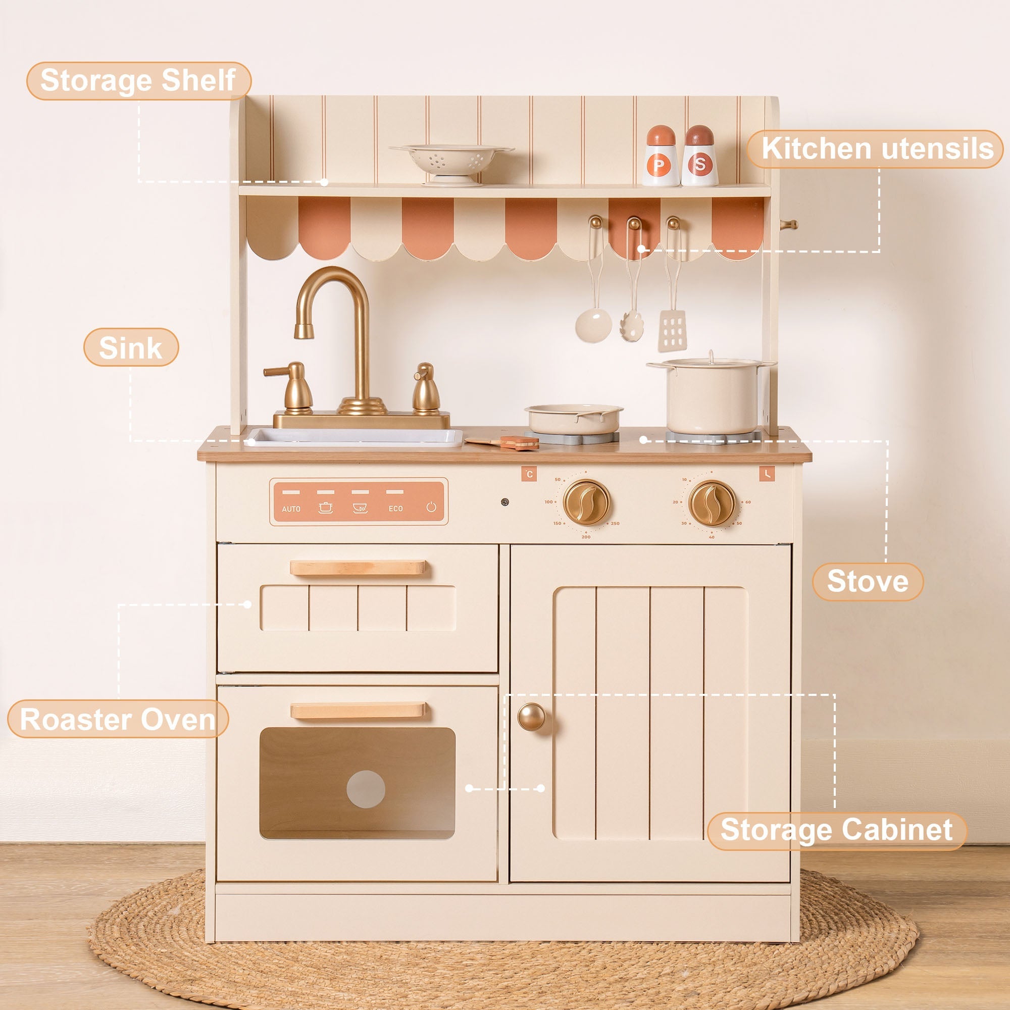 Realistic Wooden Kids Kitchen Playset