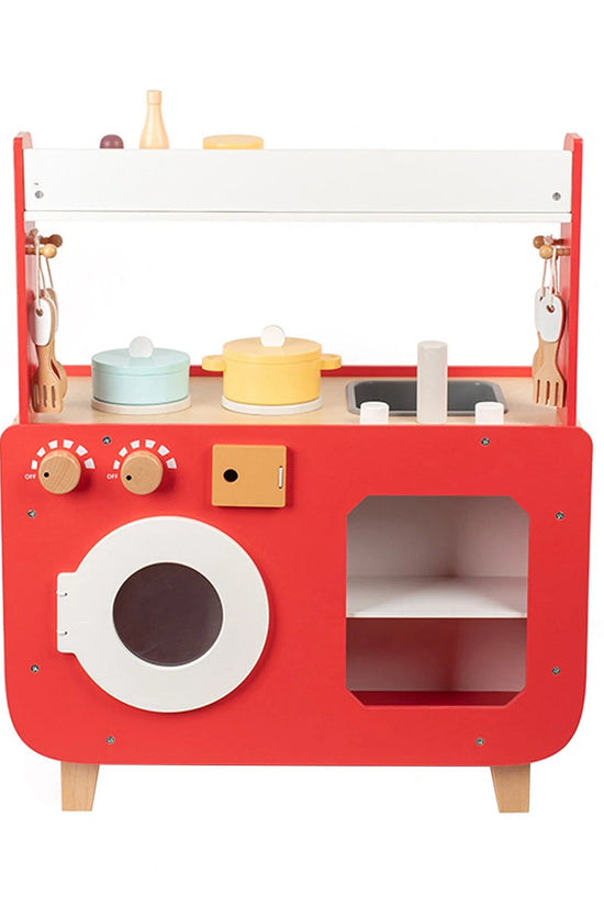 Red Wooden Double-Sided Play Kitchen Set