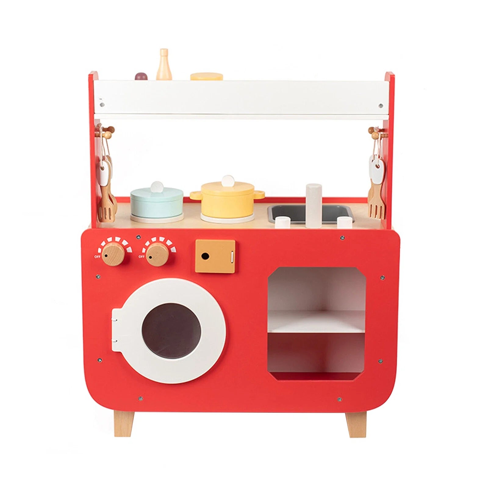 Red Wooden Double-Sided Play Kitchen Set