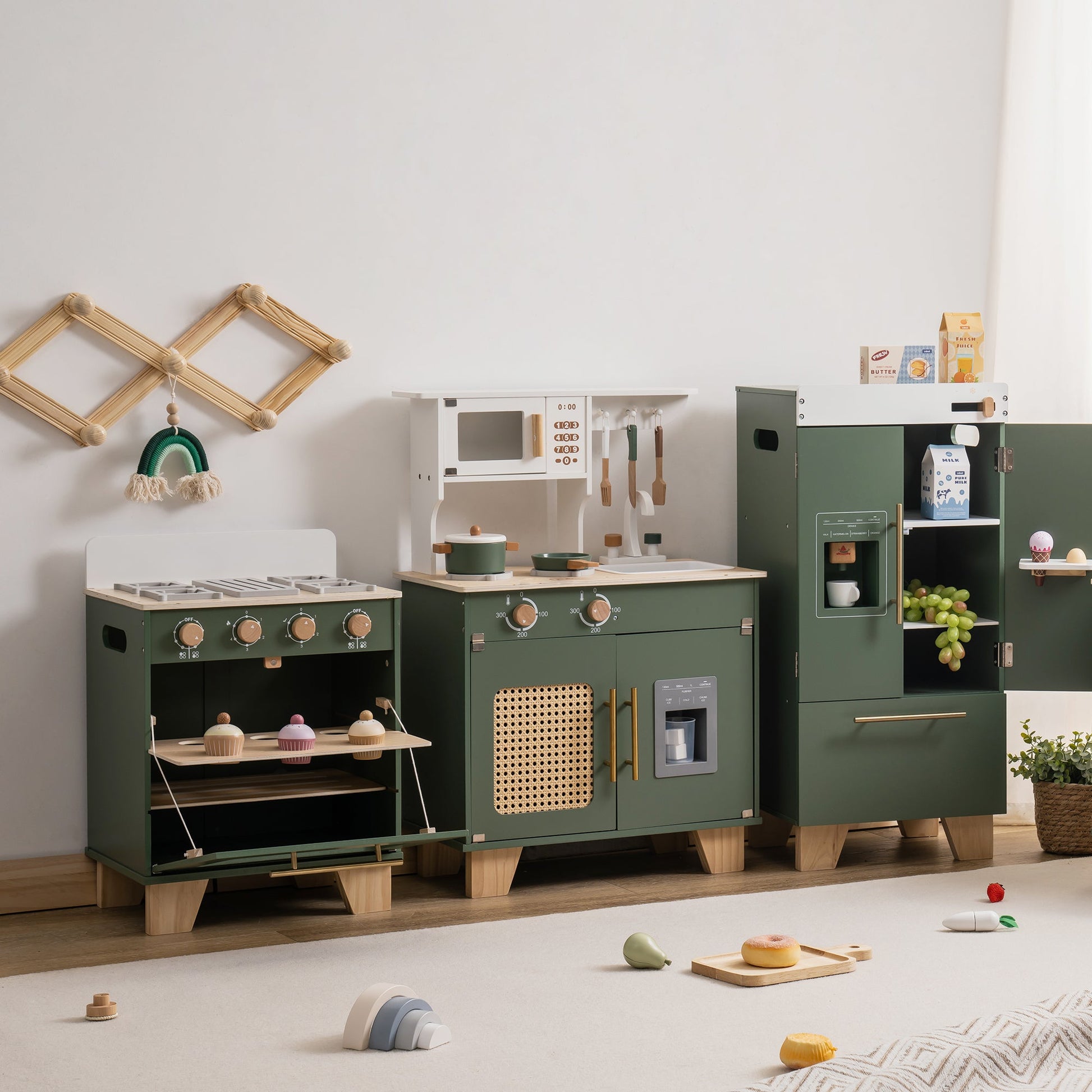Vintage Green Wooden Toy Kitchen Set