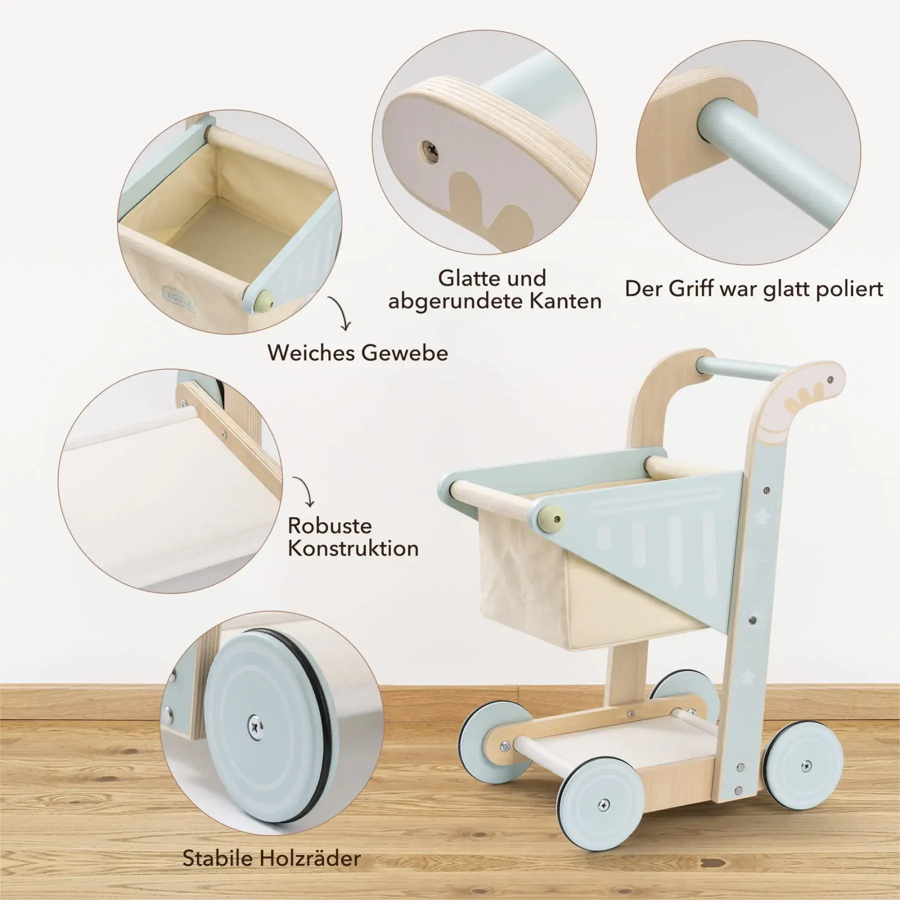 Wooden Baby Push Walker Toy – Dual-Layer Shopping Cart for Toddlers