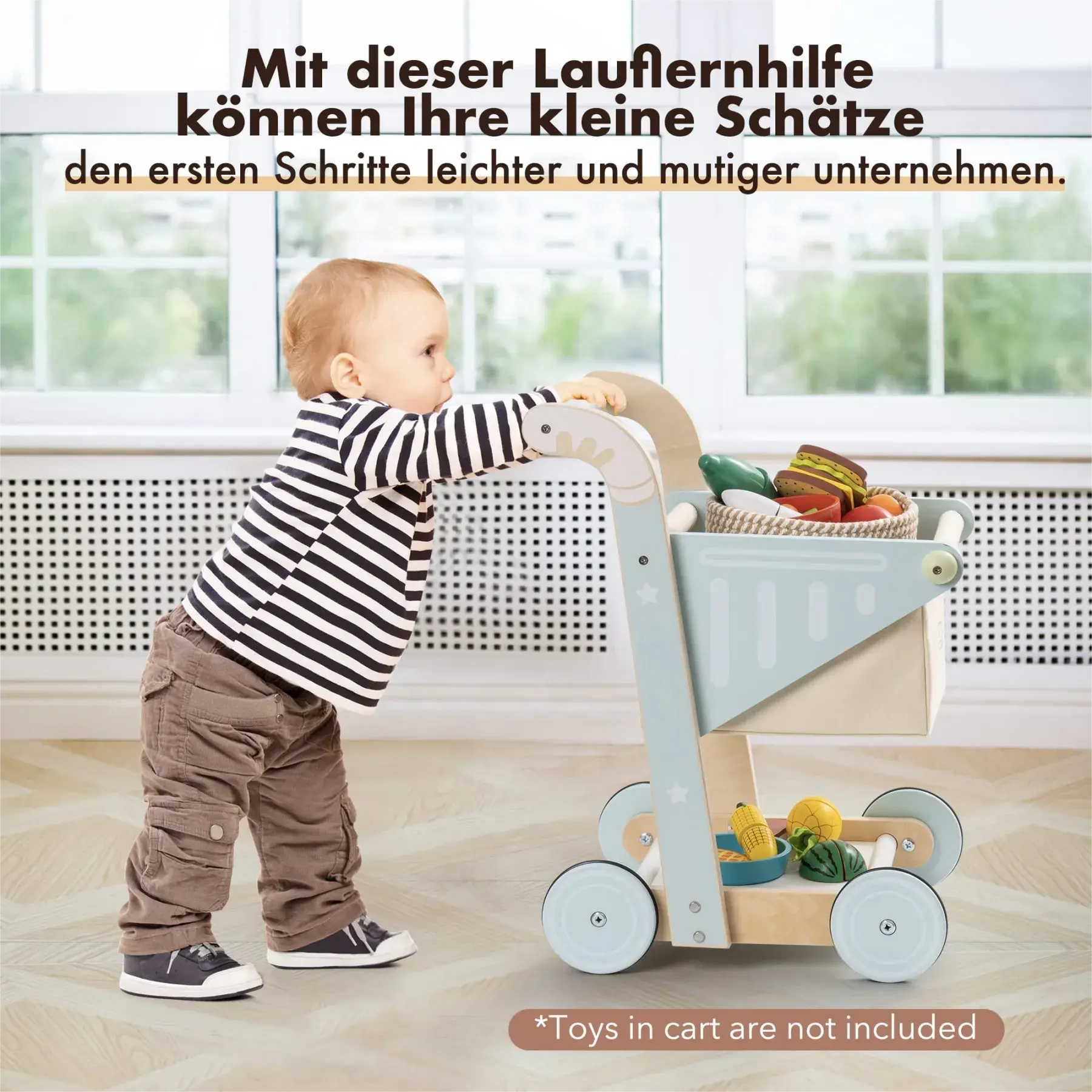 Wooden Baby Push Walker Toy – Dual-Layer Shopping Cart for Toddlers