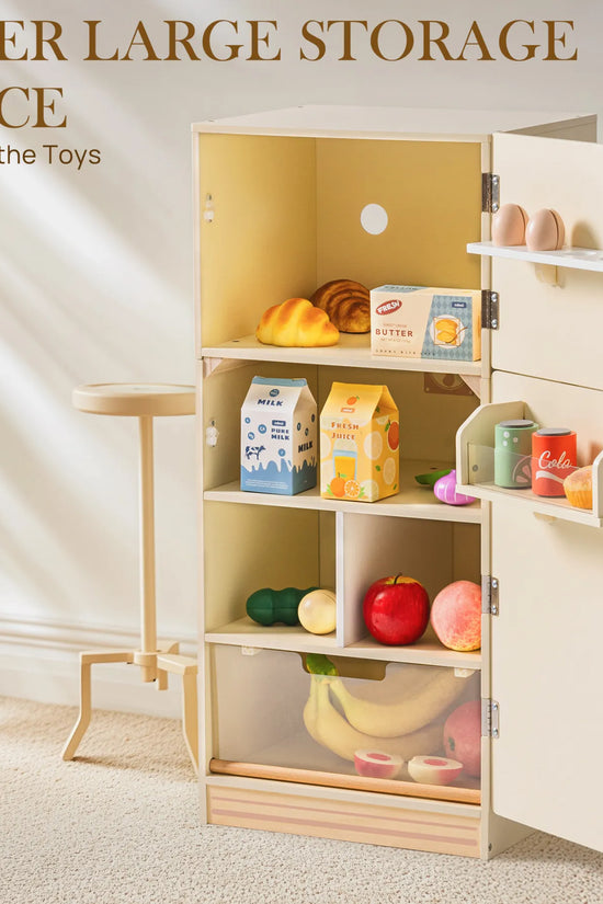 Creamy Wooden Kids Play Kitchen Fridge