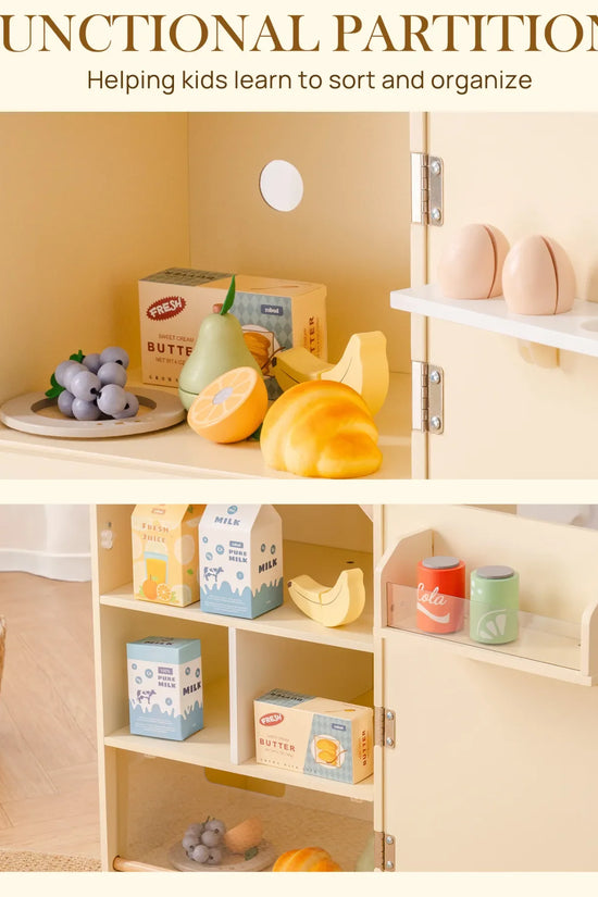 Creamy Wooden Kids Play Kitchen Fridge