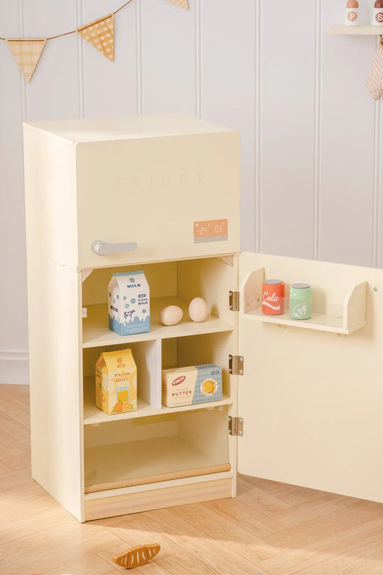 Creamy Wooden Kids Play Kitchen Fridge