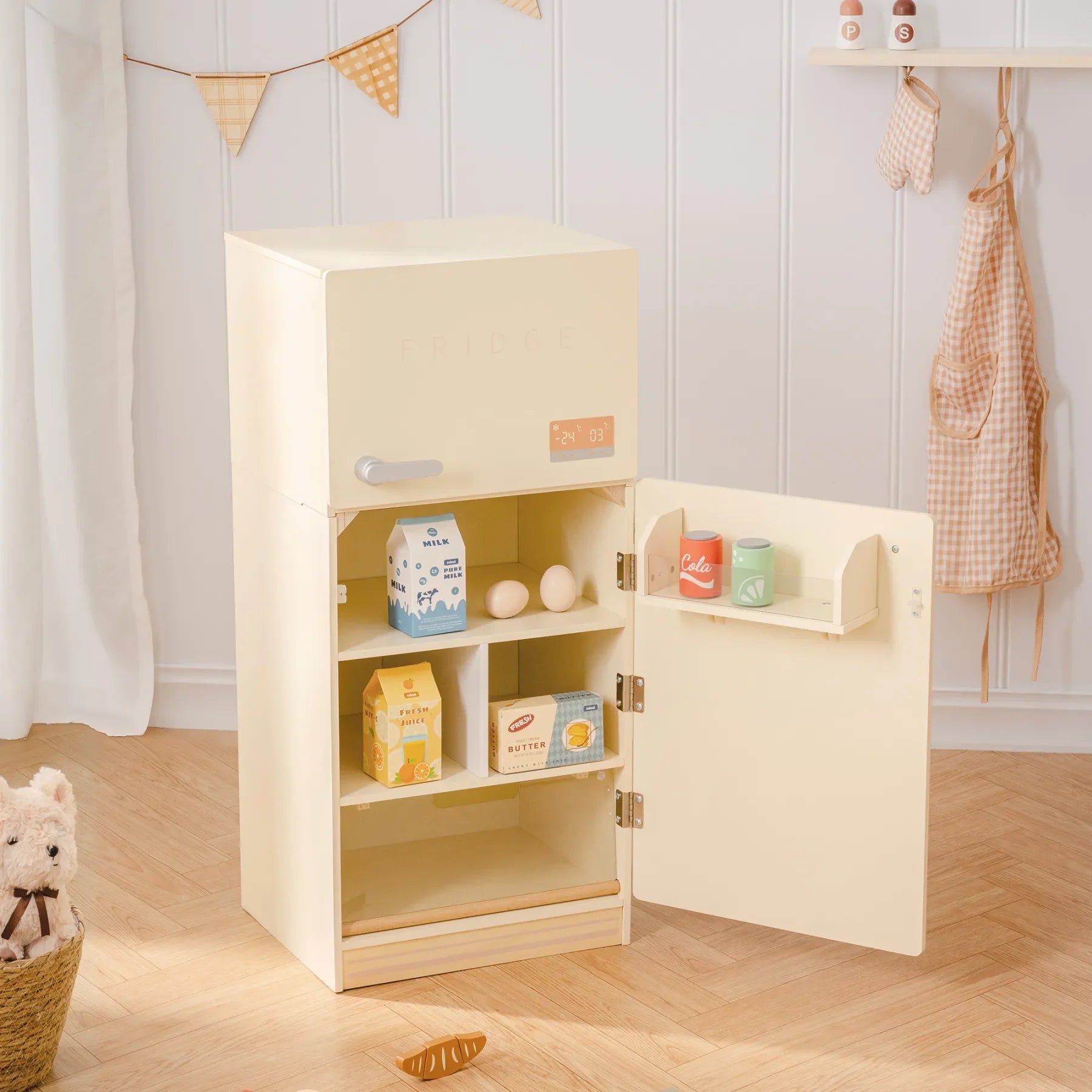 Creamy Wooden Kids Play Kitchen Fridge