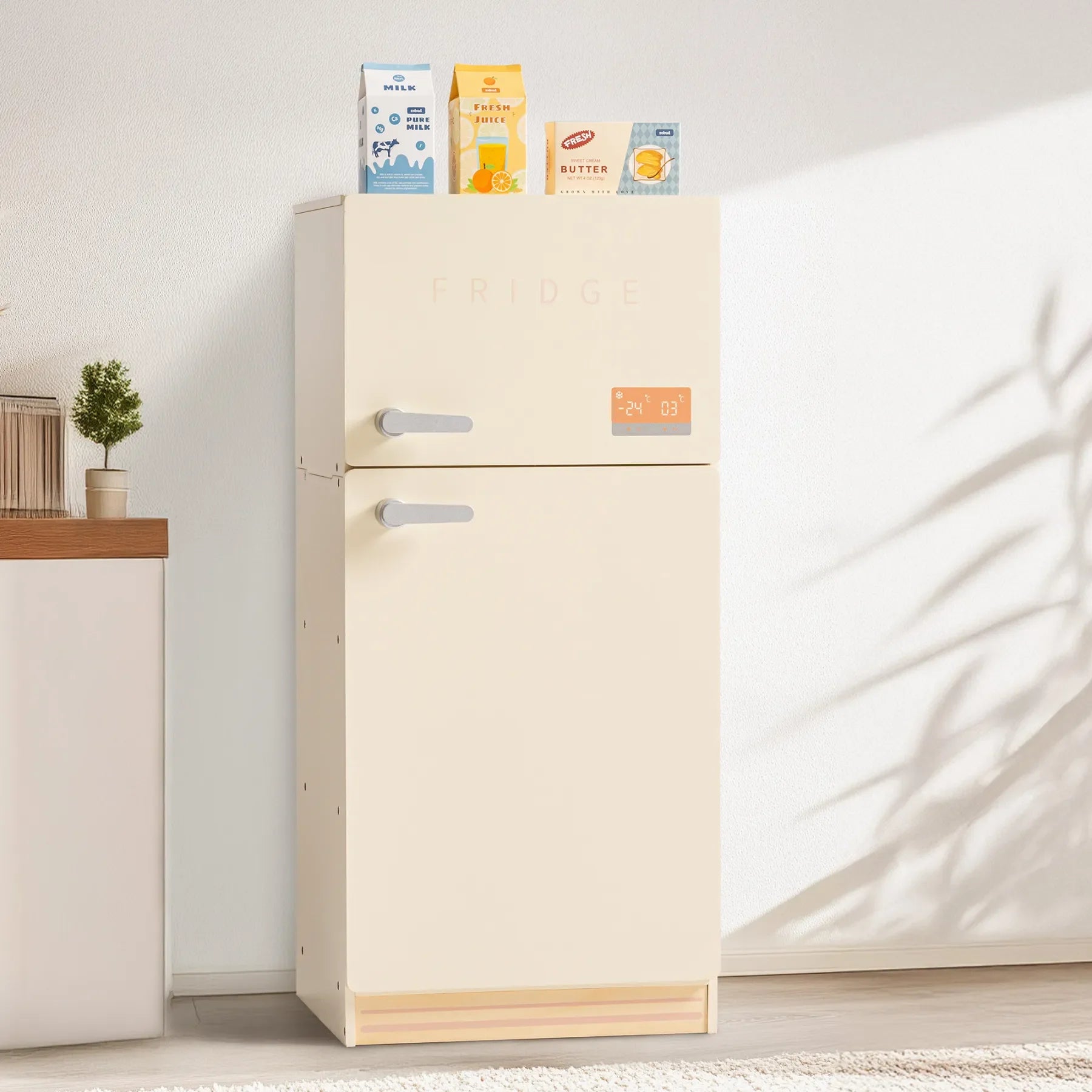 Creamy Wooden Kids Play Kitchen Fridge