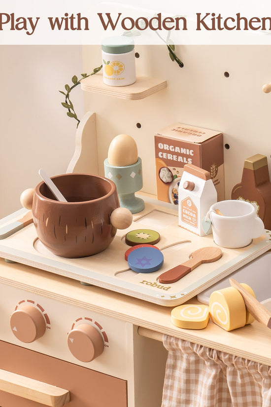 Wooden Kids Play Kitchen Set with Cuttable Fruits
