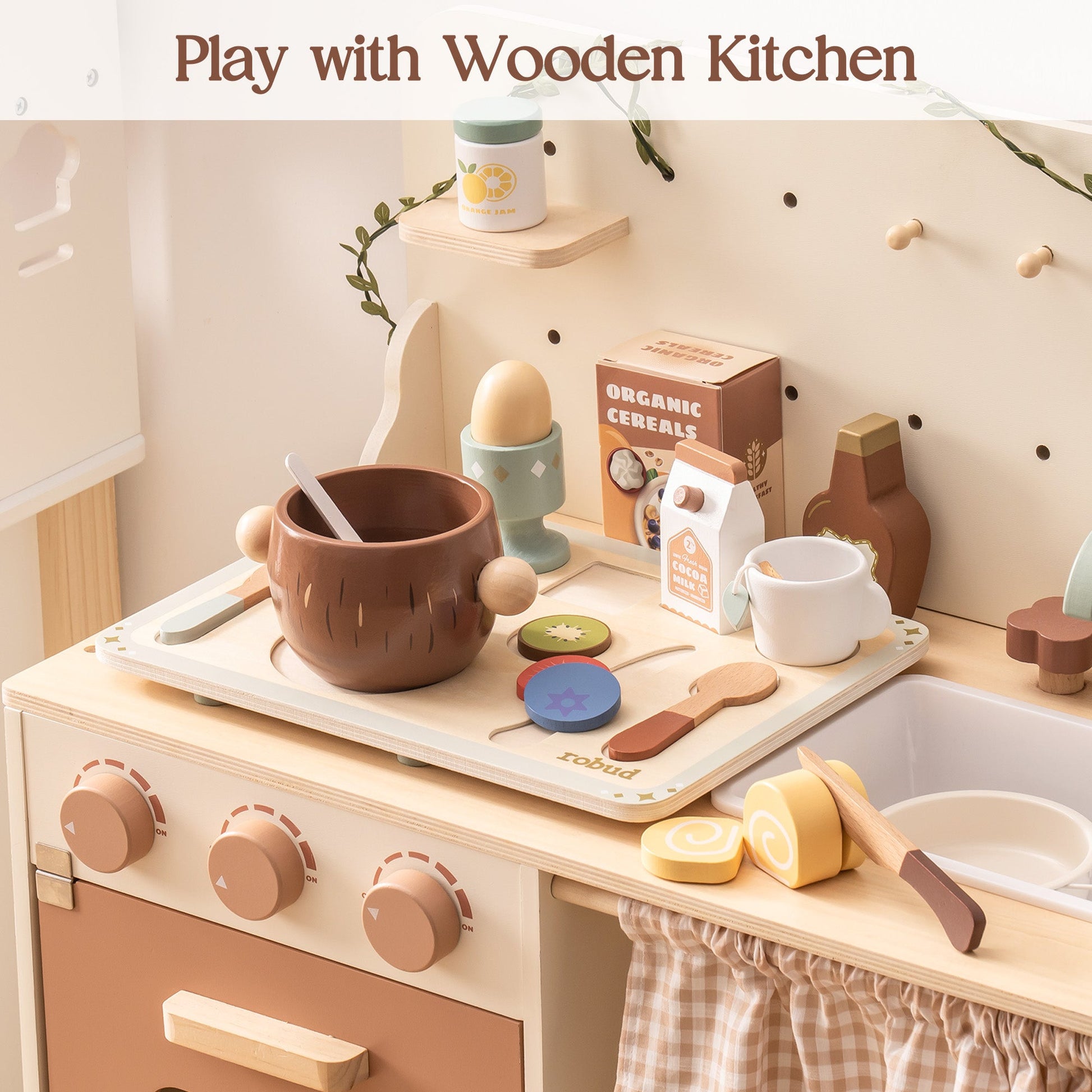 Wooden Kids Play Kitchen Set with Cuttable Fruits