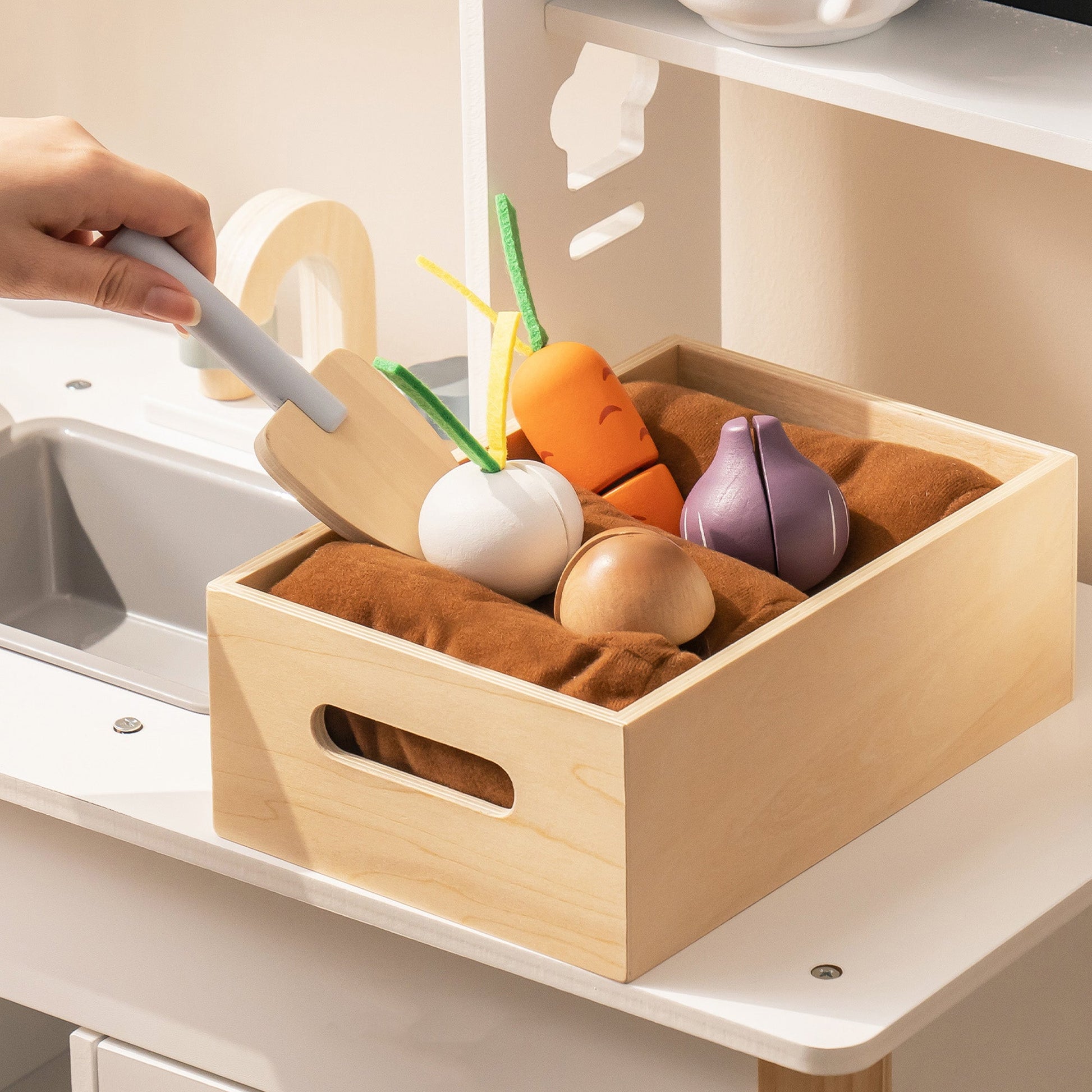 Wooden Kids Play Kitchen Set with Cuttable Fruits