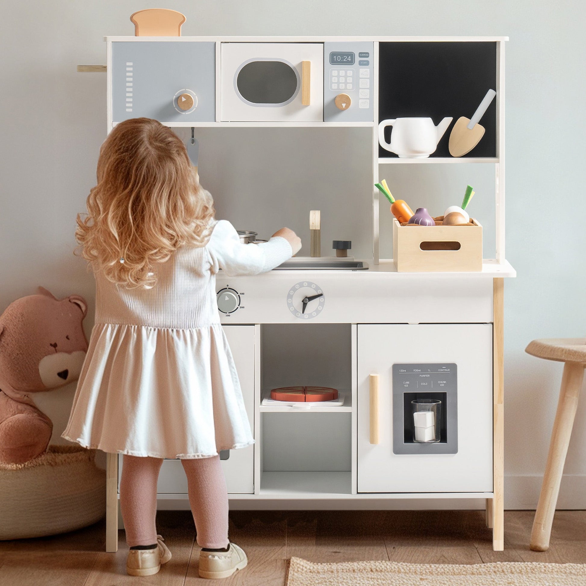 Wooden Kids Play Kitchen Set with Cuttable Fruits