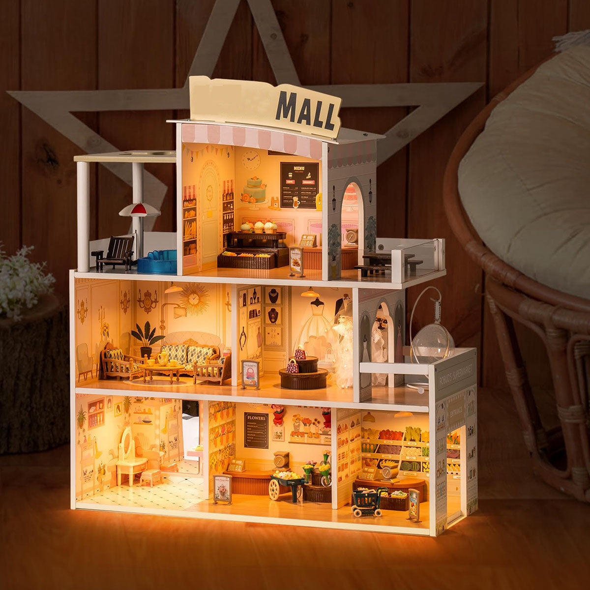 Wooden Shopping Mall Dollhouse for Kids