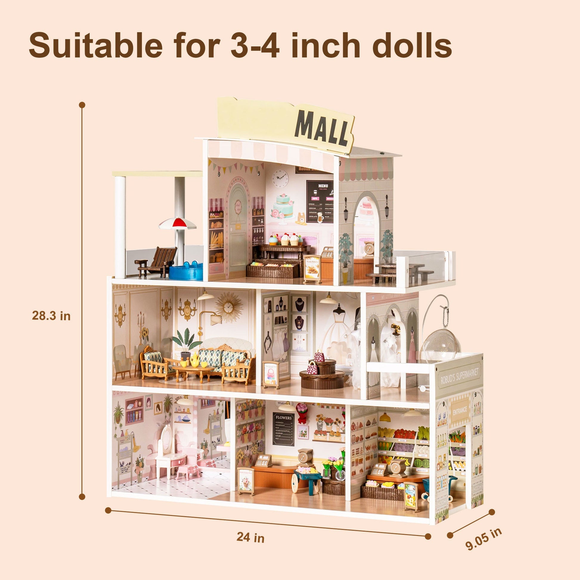 Wooden Shopping Mall Dollhouse for Kids