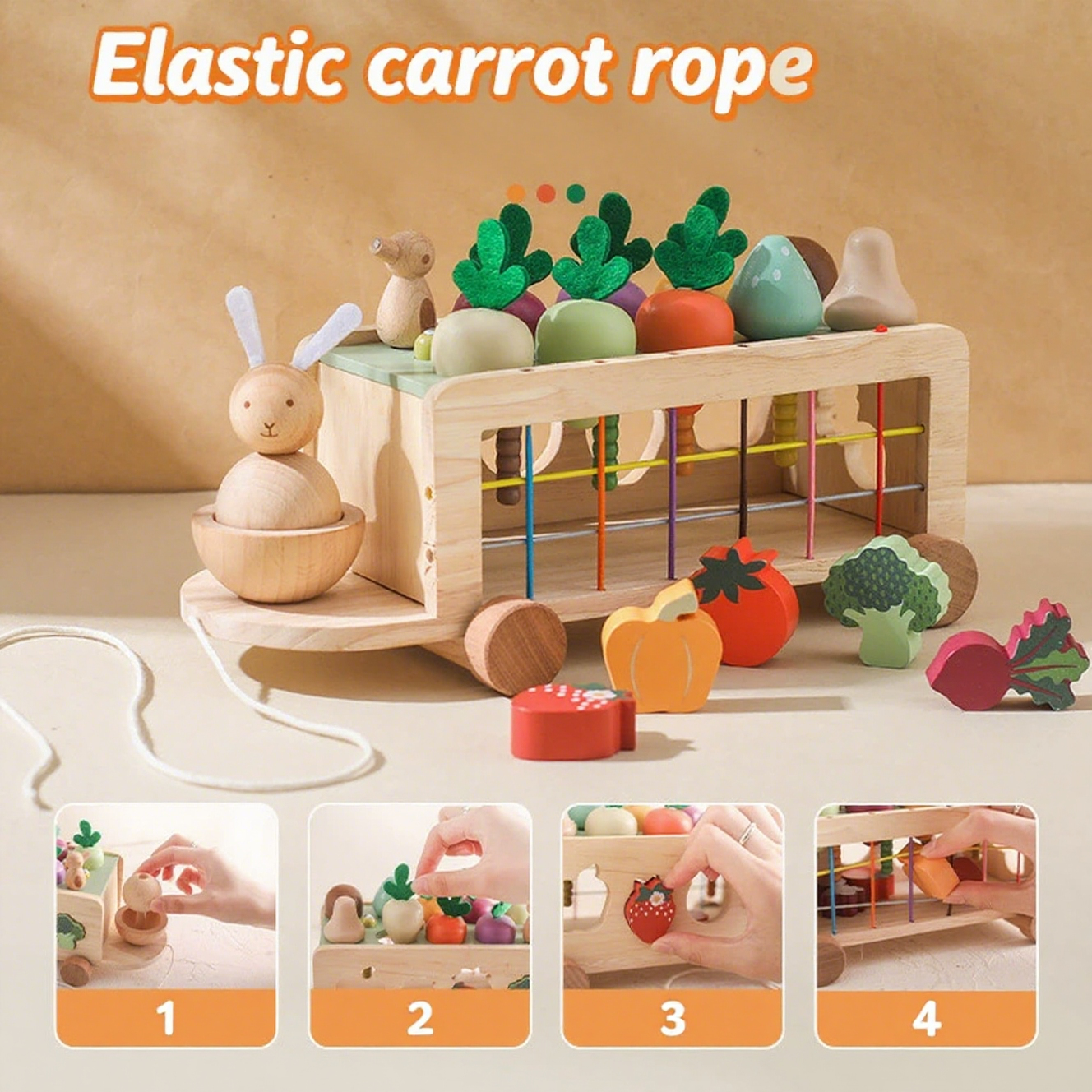 Wooden Pull-Carrot Toddler Push Wagon